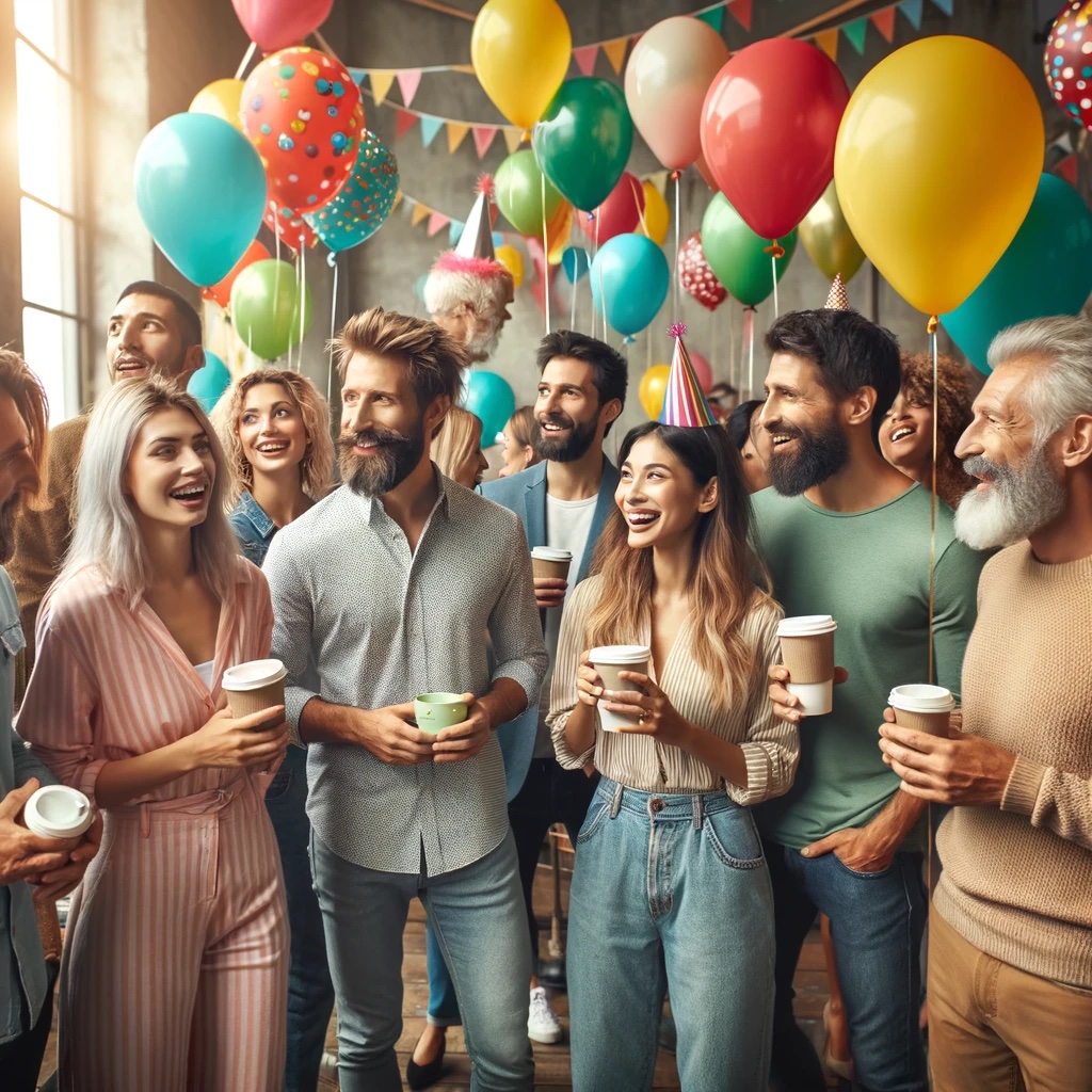 DALL·E 2024-03-04 15.43.41 - A lively scene of men and women standing and mingling, all holding coffee cups. They are celebrating, surrounded by colorful birthday balloons that fi (kopie)_1